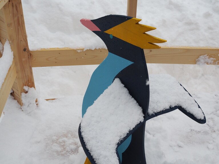 「 研ぎ澄ます、雪の妻有」 ⼭本 茜  「心躍るペンギン」（「モネ船長の方舟」　大輪龍志-TAiRiN） ペンギンは、なんだか雪を楽しんでいるように見えた。