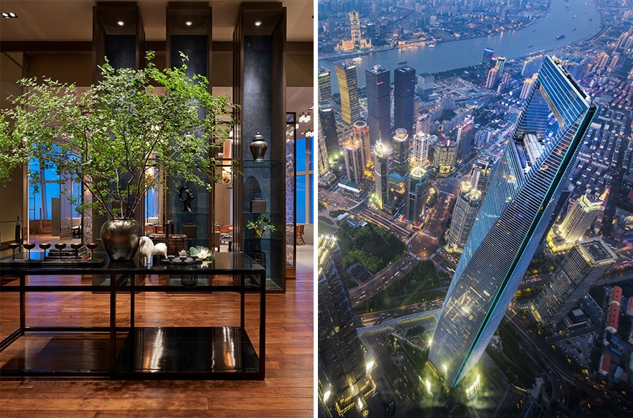 左：ヤンさんが厨房を率いるパーク ハイアット 上海「ダイニングルーム」。 右：上海ワールド・ファイナンシャル・センターの79～93階に、非日常の空間が広がるパーク ハイアット 上海。