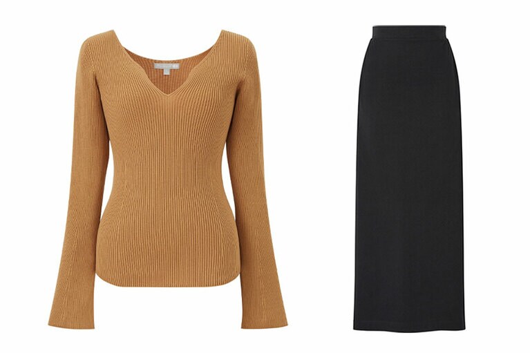 左から、ニット 3,990円、スカート 1,990円。