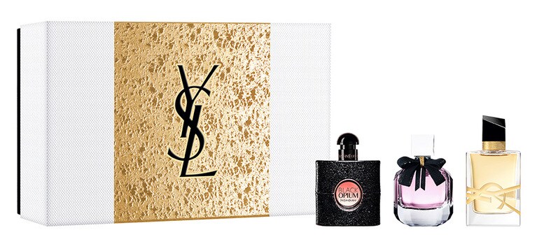 ミニフレグランスセット 8,250円。セット内容：ブラック OP オーデパルファム 7.5ml、モン パリ オーデパルファム 7.5ml、リブレ オーデパルファム 7.5ml。先行発売：11月3日(水) 公式オンライン ブティック、表参道フラッグシップ ブティック、発売日：11月12日(金)