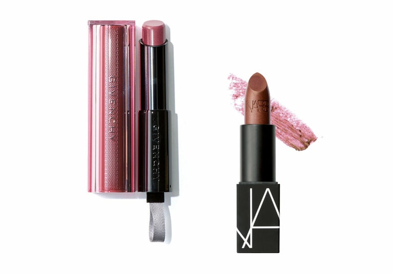 左から：パールが煌めく透け感のあるダークピンク。ルージュ・アンテルディ・テンプテーションNo.20 4,000円／パルファム ジバンシイ(限定発売中)、ブロンズメタリックが輝く、バーガンディ色。リップスティック2922 3,300円／NARS JAPAN