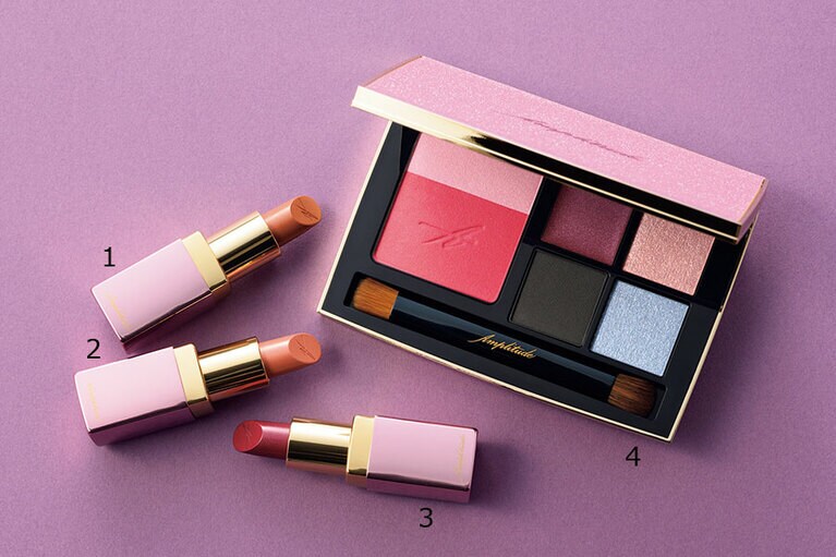 1～3：コンスピキュアス ミニリップス 全3色 各3,300円(1～3は2022年10月12日 限定発売) 
4：天面にピンクのラメを散りばめた限定パレット。同 アイ＆チークカラーパレット リミテッドコレクションb 9,900円／Amplitude