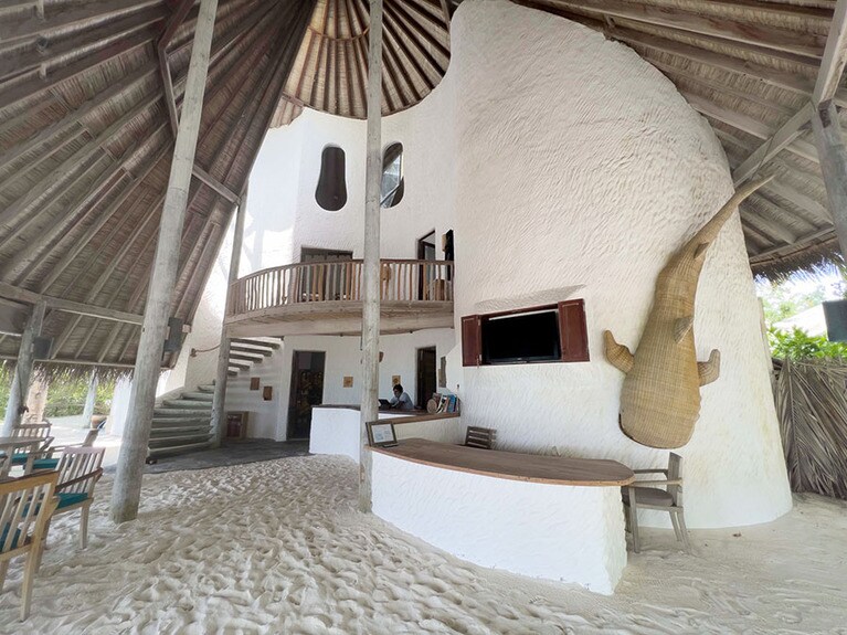 ダイビングセンターとは思えないカッコイイデザインの「オーシャン・パラダイス・ダイブセンター」。壁には木彫りのジンベエザメが！