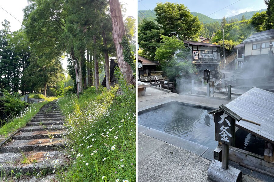 左)山の新鮮な空気を目一杯に吸い込む。右)野沢温泉の台所とも言われる大釜では、昔からここで山菜や野菜などをゆでて温泉を活用していた。