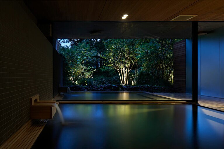 森を間近に望む内湯と外湯。