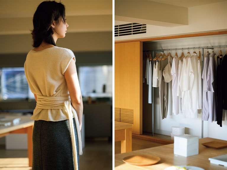 左：同素材の紐を巻き付けるのがMO-NO-HAらしいスタイル。W218,000。 
右：ホームウエアシリーズも人気。
