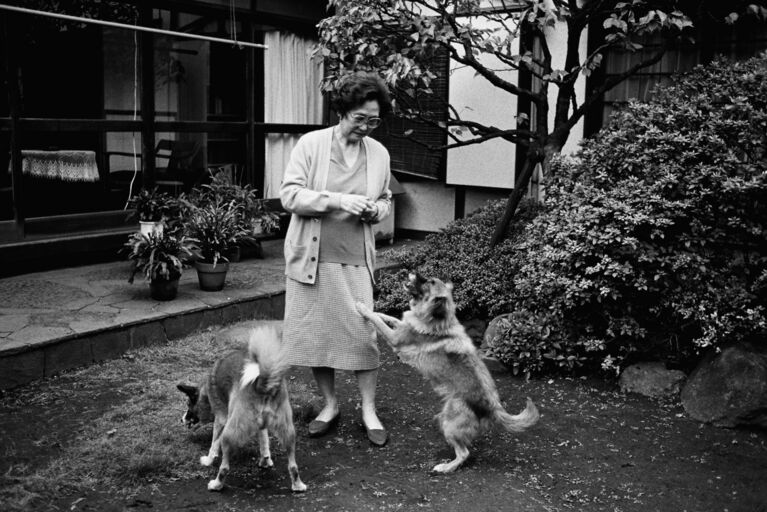 庭で犬と戯れる佐藤愛子さん。