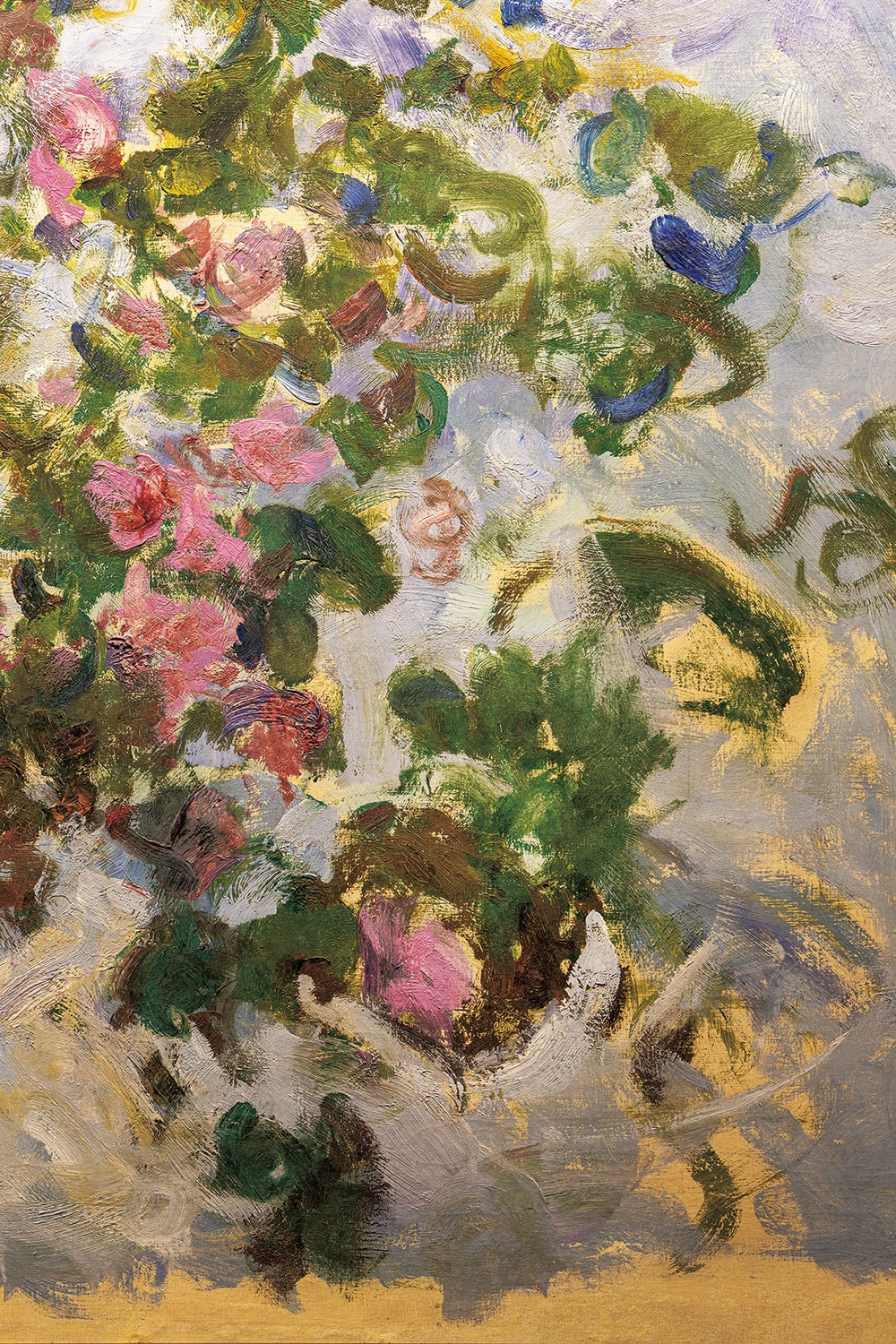 《ばら》（1925-26年）部分。白内障の手術を経て、十分ではないながらも再び色を感じ取れるようになったモネの最晩年の作品。希望の光をまとったような明るい色彩が美しい。