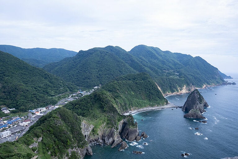 烏帽子山の展望台から望む、駿河湾と雲見集落の眺望。