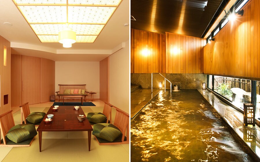 左：部屋ごとに趣が異なり、ゆったりできる客室。 
右：坪庭を眺める内湯のほか、女性専用のエステ＆湯処「りらっくす蔵」も人気。
