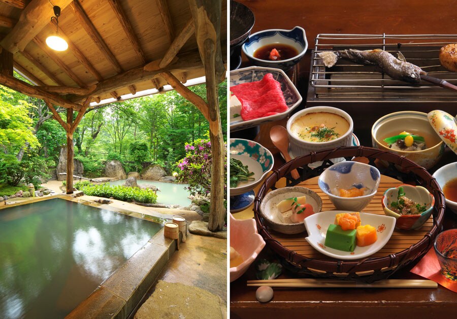 左：2019年にリニューアルされた「蒼の湯」。 
右：夕食は、炉端風テーブルで川魚など山の滋味を。