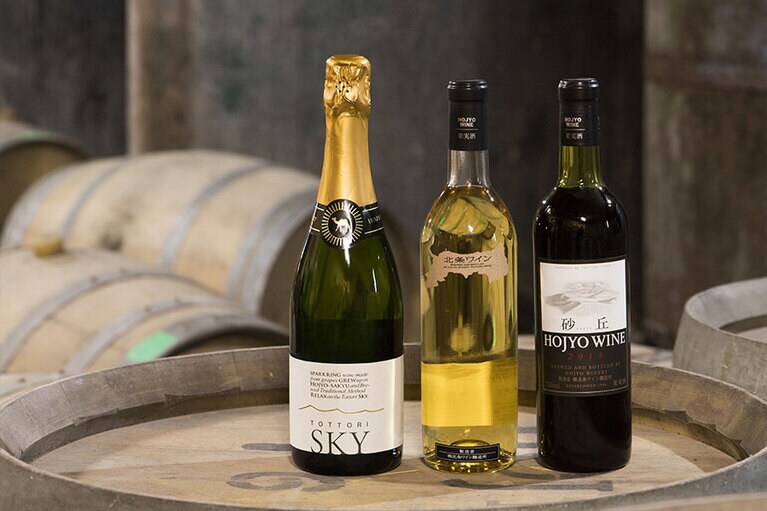 「スタンダード」(中央)は鳥取県の地図ラベルの正面から瓶をかざすと、下部に砂丘が透けて見えるデザイン。ちなみに、白は昼の砂丘、ロゼは夕方の砂丘、赤ワインは夜の砂丘をイメージしているそう。「砂丘」(右)は赤、白ともに定番の人気。「トットリ SKY」はシャンパンと同じ瓶内2次発酵、ANAのファーストクラスで提供酒として採用されたことがある逸品。う。「トットリ SKY」はシャンパンと同じ瓶内2次発酵、ANAのファーストクラスでも採用されたことがある逸品。