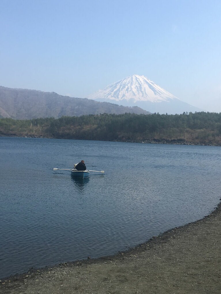 西湖の「根場浜」より(4月撮影・曇りの午前)。