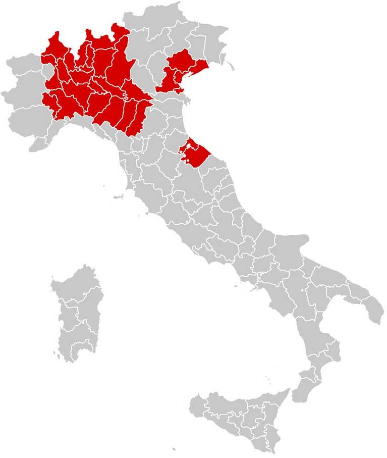 新レッドゾーンに指定されたロンバルディア州と14県。