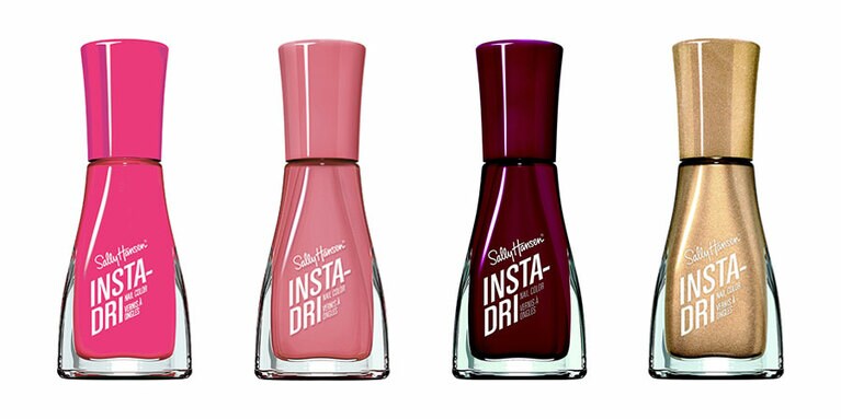 インスタドライ ネイルカラー 左から、懐かしさもある青みフューシャピンクの303 フラッシーフューシャ、可愛いけれど主張もあるピンクの275 ラピッドローズ、かっこいいディープレッドの423 ジャストインワン、ディスコカラーの153 ゴーフォーゴールド。各9mL 715円／サリーハンセン