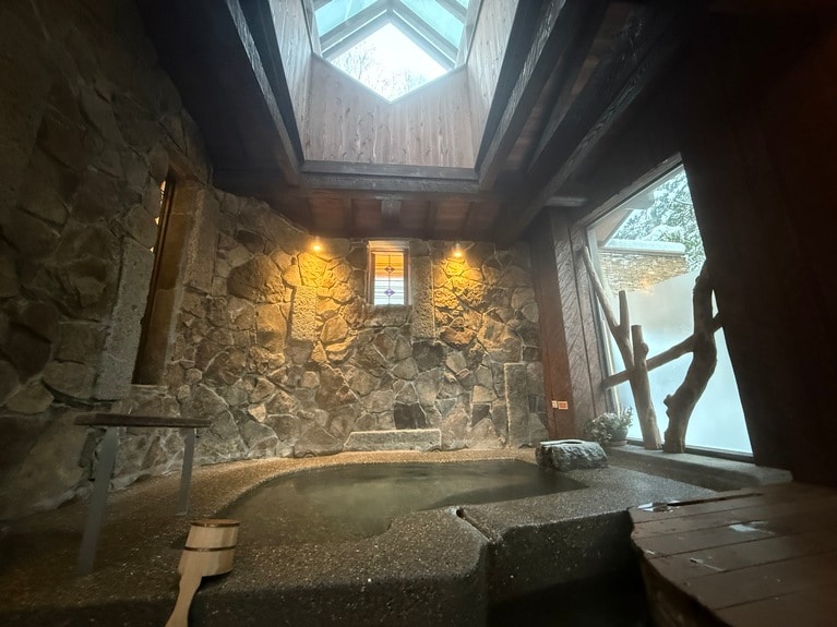 天窓からの光が神秘的な湯船は、ボタンを押すと温泉ジェットバスになる。