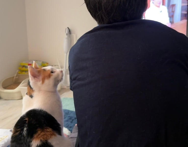 秋山さんと愛猫のキキちゃん（三毛）。