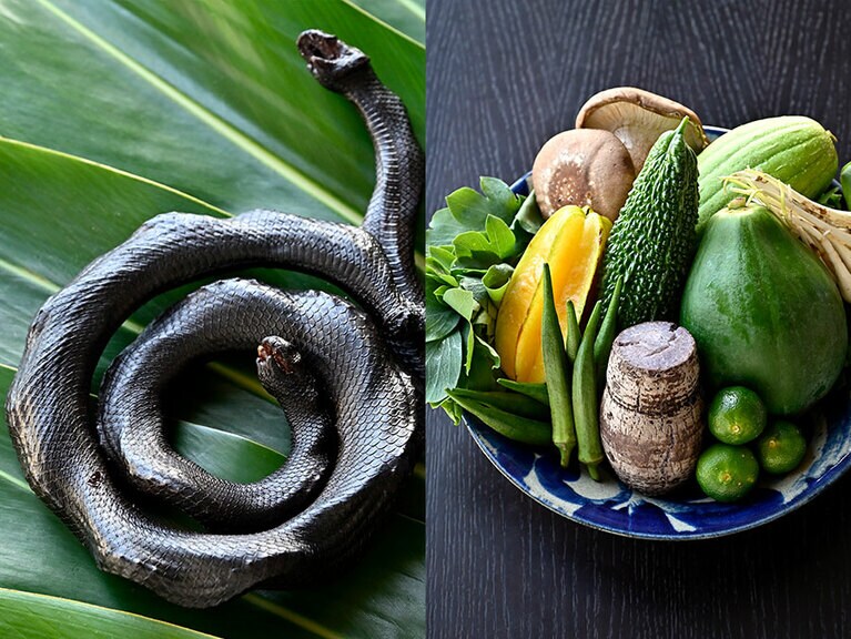 写真左：琉球王国の時代から、久高島の神女がその製法を受け継いできたイラブー。その調理には、膨大な手間と繊細な技を要するそう。
写真右：なーべらー、田芋など、島の食材をふんだんに使用します。