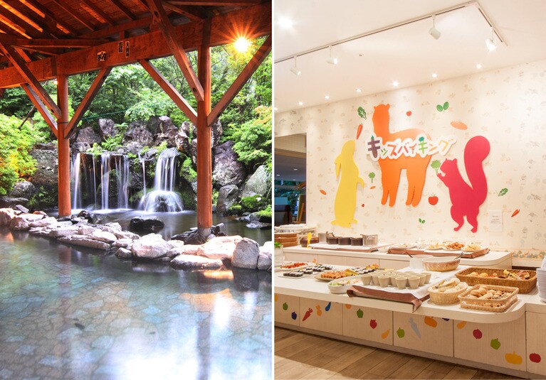 左：天然温泉の露天風呂で、大人は疲れを解消！ 
右：キッズバイキングで、子供たちは大満足！