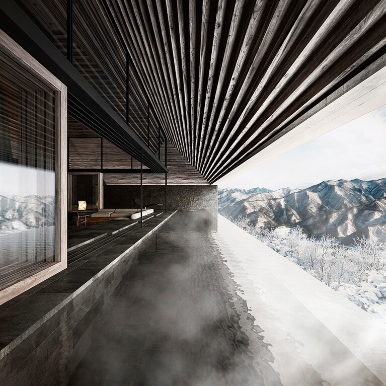 みなかみ町の山々を望む大きなインフィニティプール。