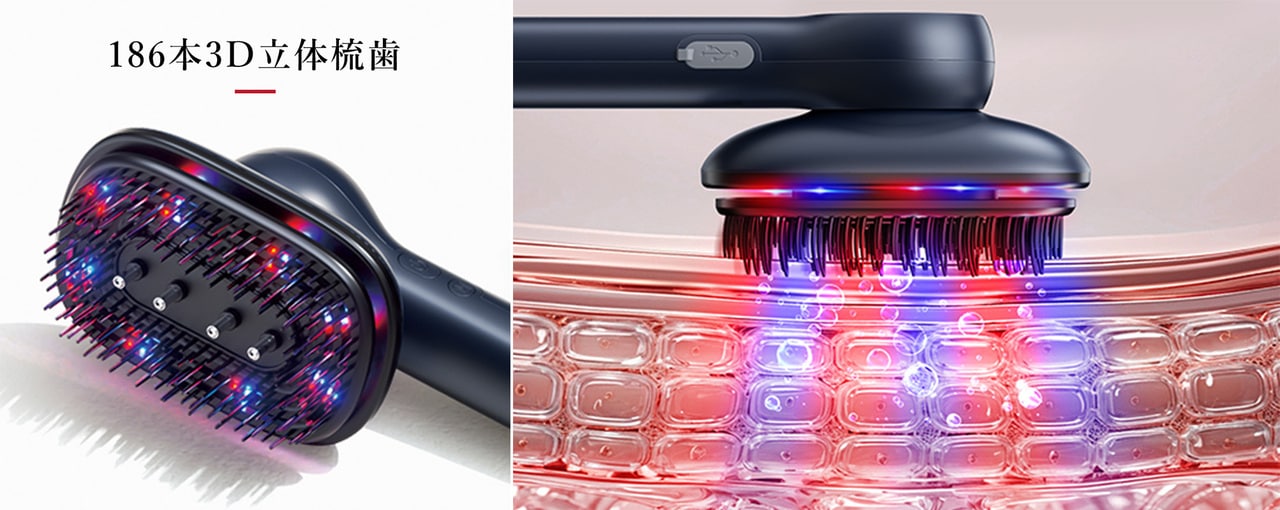 32個のLEDライトが点灯するデュアルライトケアシステム搭載。レッドライトは根元を強く、ブルーライトは皮脂を整える。