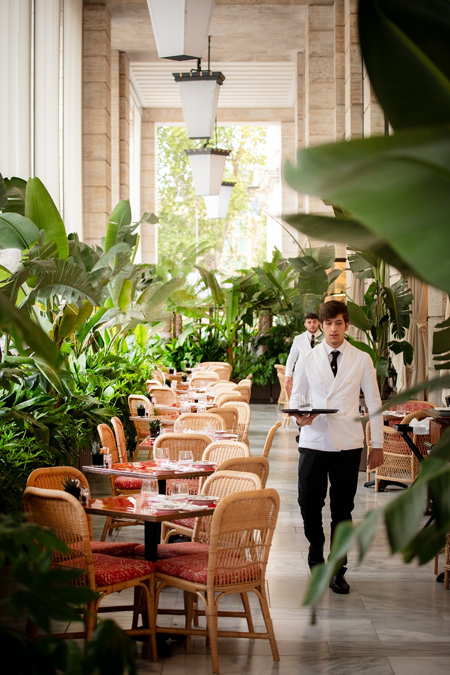 「イル カフェ」の観葉植物に囲まれた広いテラス。朝食からディナーまで、そしてお茶にも、と使い勝手の良いオアシス空間だ。