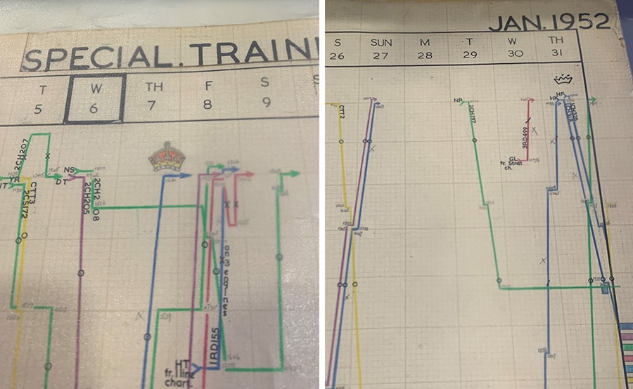 1952年1月31日には小さな王冠が、翌月7日のチャートには大きな王冠が描かれています。