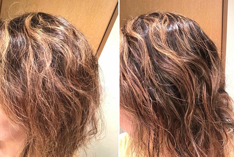 コレは乾いた髪に塗布した場合。右が塗布後。しっとりしてパサつきも抑えられるけど、オイルほどウエット感が強くならない点がGood。