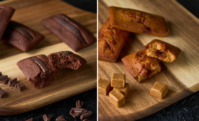 左：フィナンシェ ショコラ、右：フィナンシェ キャラメル各378円。