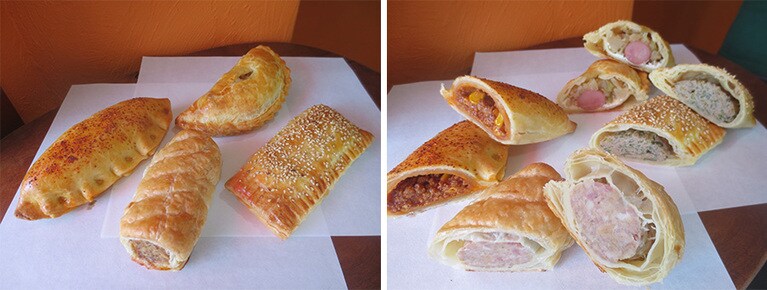 左から時計回りに「テキサスパイ」370円、「バブルスクィークパイ」360円、「中華パイ」360円、「ソーセージロール」390円。商品価格は変動あり。