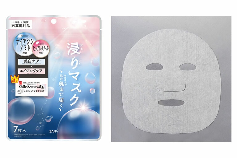 有効成分のナイアシンアミド、ピュアレチノールを配合し、美白とエイジングケアに一度にアプローチできるシートマスク。保湿成分として、たまほまれ使用の豆乳発酵液、ヒト型セラミド、アラントインを配合。つるんとキメが整いハリ感も出ると人気。サナ　なめらか本舗　薬用リンクルエッセンスマスク　ホワイト（医薬部外品） 130g（7枚入） 770円／常盤薬品工業