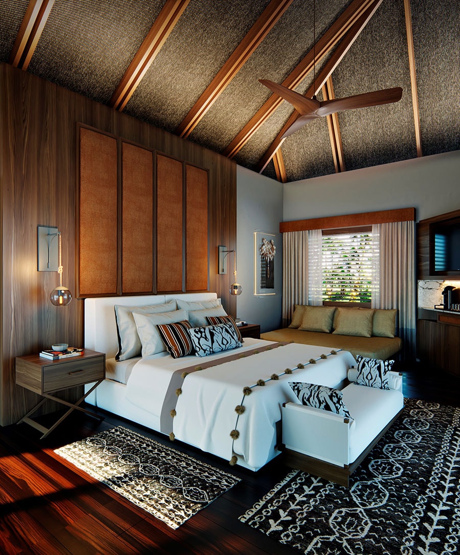 客室のインテリアには、サスティナブルなパロタ材の家具と、地元の職人による土着のデザインが施されている。