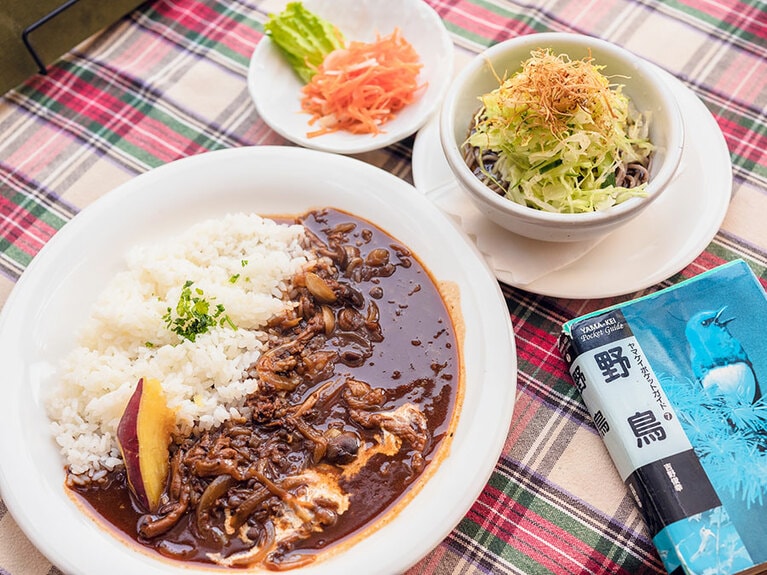 玉ねぎを飴色になるまで炒めたコクのあるデミグラスソースをベースに、国産牛肉やシメジなどが入ったハヤシライス(ミニそばサラダ付きドリンクセット 1,380円)。