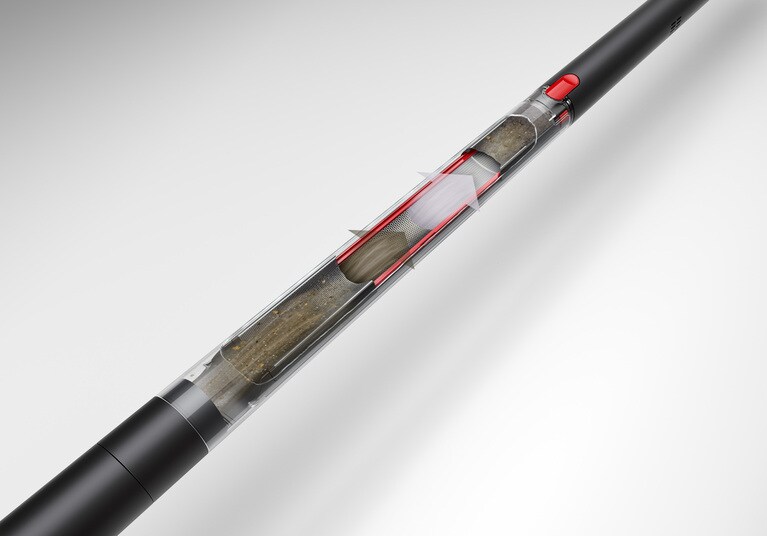 細い本体内に内臓されているゴミを収容するシリンダー型のクリアビン。