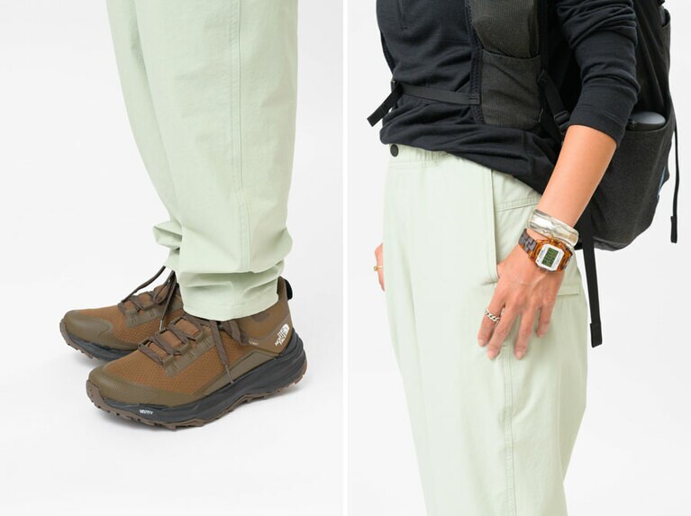 （左）「軽量で推進力抜群なので疲れにくいんです。」シューズはザ・ノース・フェイスの「ベクティブ エクスプロリス II ミッドフューチャーライト」というモデル。（右）「アクセサリー類は、ハイクやトレッキングレベルなら普段通り身に着けます」。