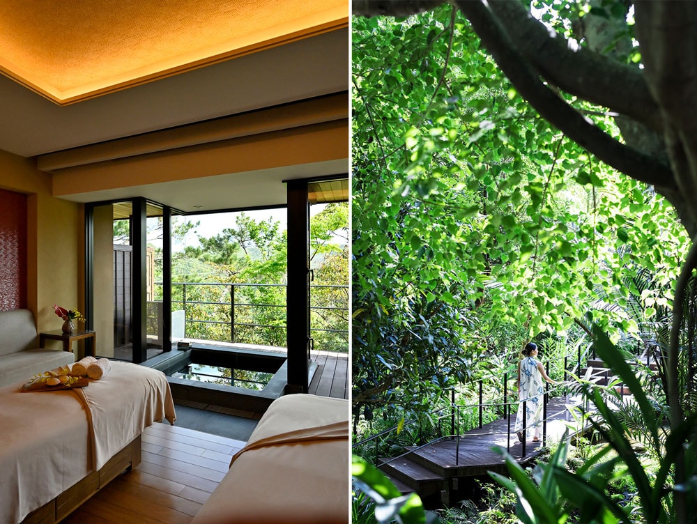 左：沖縄の素材を取り入れた施術で魅了するスパ。
右：リゾート内に広がる「やんばるの森」。