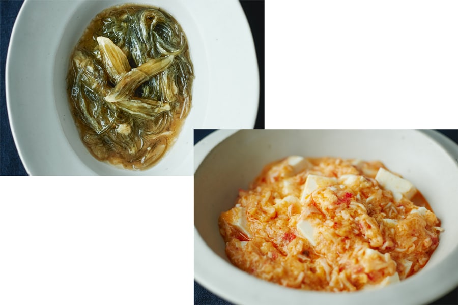 左：ピリ辛乳酸ソースのフカヒレの煮込み 、右：旬食材の贅沢な麻婆豆腐(写真はイバラ蟹)