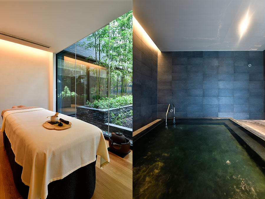 写真左：瞑想をテーマに、さまざまな癒やしを提供するスパ。京都を感じさせる素材を用いたスパトリートメントが好評。写真右：ホットバスや岩盤浴も心地いい。
