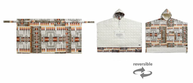 (左)4WAY PONCHO(H70cm×W120cm) 12,700円＋税／(右)REVERSIBLE HOOD PONCHO 18,000円＋税。