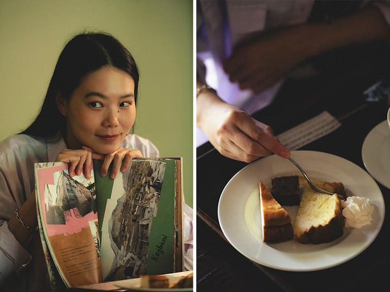 左：自身が編集長としてマガジンを制作することもある奈衣瑠さん。気になるzineを見つけてご満悦。
右：自家製の夏みかんのマーマレードを使ったシフォンケーキ。ふんわりした生地から、さっぱりした甘さがジュワッと滲み出る。