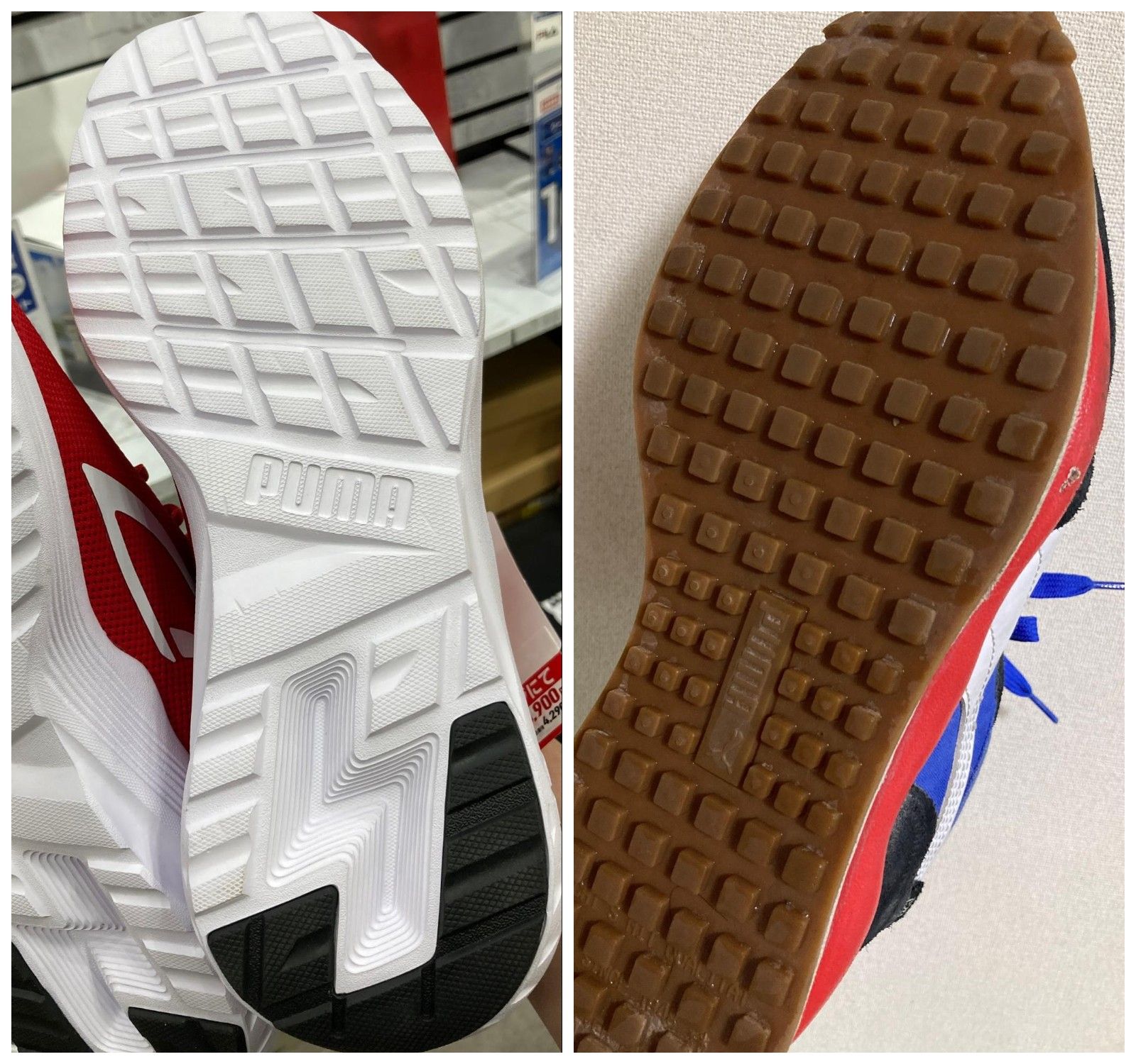 エントリーモデルの「ALL-DAY ACTIVE」（左）は靴底のほとんどがEVA、上位モデルの「STYLE RIDER PLAY ON」（右）は靴底の全面にゴムが貼られている