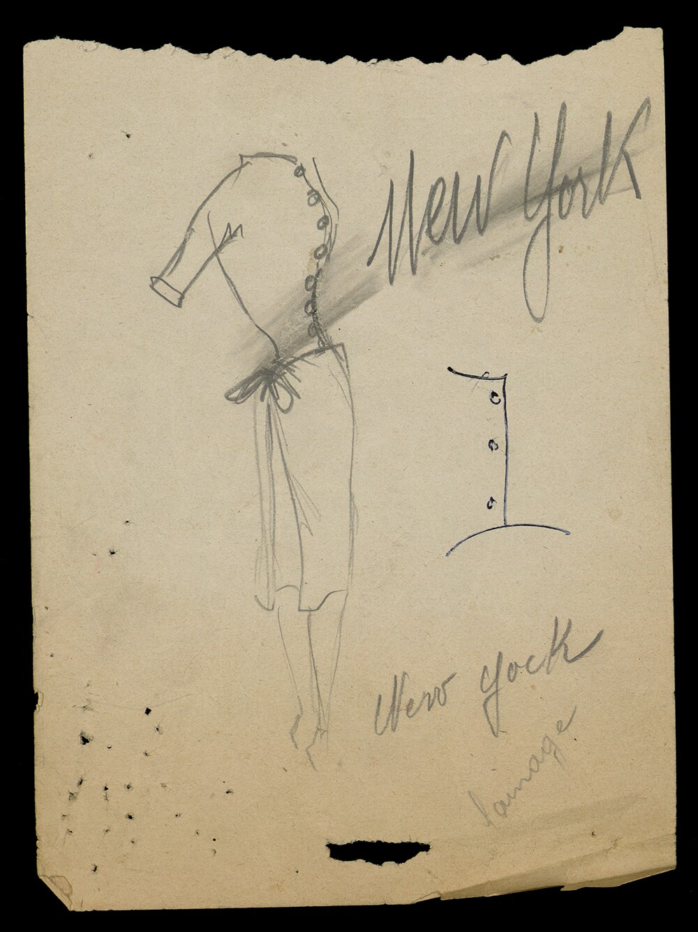 クリスチャン・ディオールの自筆による1947年春夏オートクチュール「ニューヨーク・ドレス」のスケッチ。 © Christian Dior