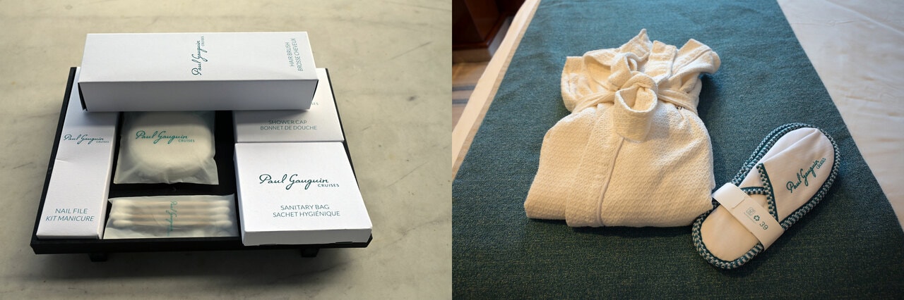 綿棒やブラシなどのアメニティも用意されています（左）。バスローブとスリッパも上質（右）。