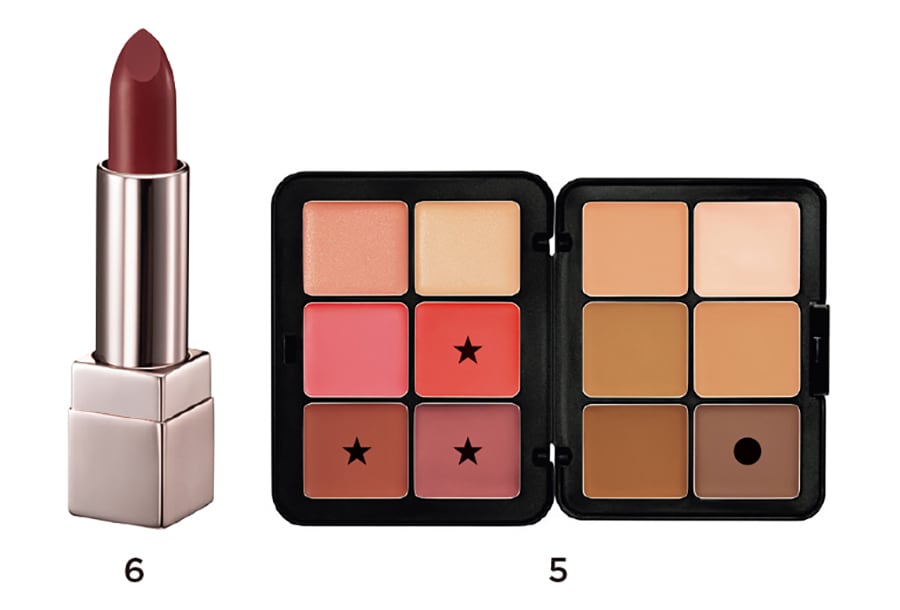 5　クリーミーで混ぜやすいパレット。HDスキン エッセンシャルパレット H1 14,850円／メイクアップフォーエバー
6　江戸時代に紅屋として創業した伊勢半を象徴する深いレッド。キスミー フェルム ルージュアクト06 1,650円／KISSME（伊勢半）