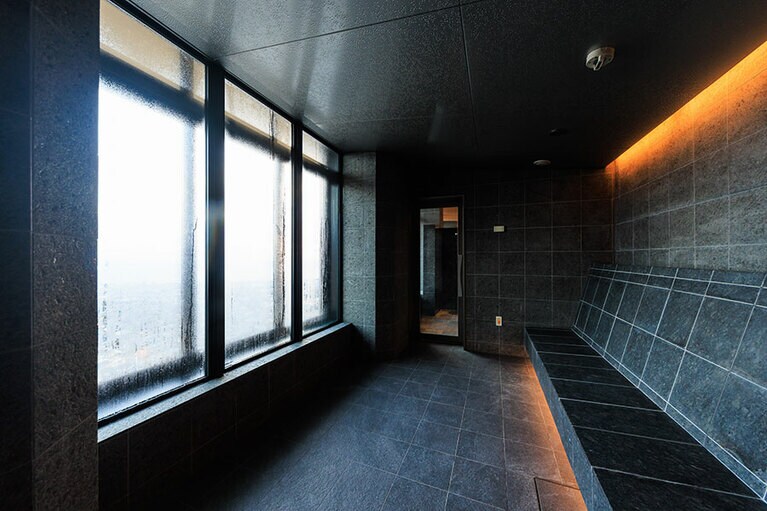 女湯内のミストサウナ。入りながら外の景色が楽しめる。