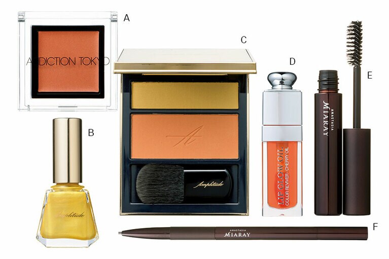 A：ザ アイシャドウ L 173 2,000円／アディクション ビューティ(4/4限定発売)  B：コンスピキュアス ネイルカラー 21 3,500円／アンプリチュード  C：コンスピキュアス チークス 09 6,800円／アンプリチュード  D：ディオール アディクト リップ グロウ オイル 004 3,800円／パルファン・クリスチャン・ディオール  E：クリアブロウジェル 3,000円／アナスタシア ミアレ F：ブロウペンシル 11 3,500円／アナスタシア ミアレ