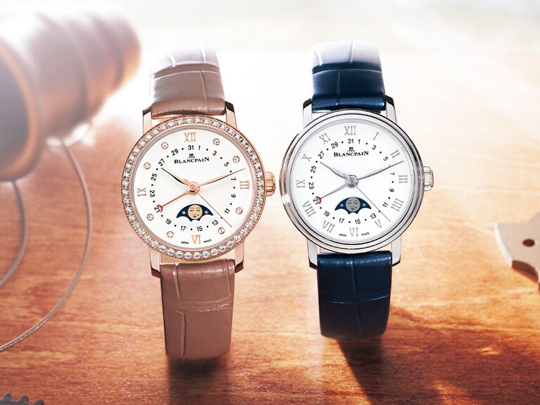 「ヴィルレ デイト＆ムーンフェイズ」（自動巻き、アリゲーターストラップ）直径29.2mm 厚さ10.35mm〈左〉（RG×DIA）3,201,000円、〈右〉（SS）1,683,000円／ブランパン ブティック 銀座