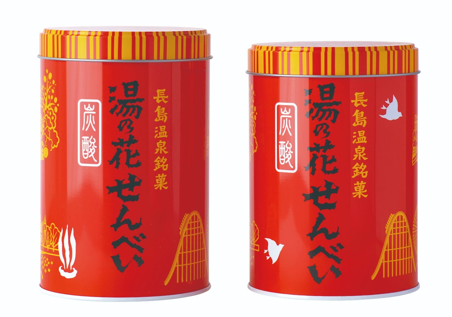 長島温泉でしか買えない赤い缶は、昭和39年から60年近く販売。2020年に発売当初入っていた縁起物の“千鳥”のイラストを復活させた。丸缶850円