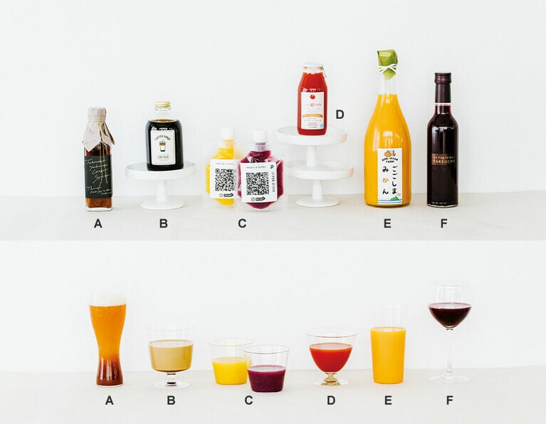 A：タビラコ薬膳ジンジャーシロップ〈220ml〉2,500円／This___、B：Tas Yard「コーヒー牛乳シロップ」〈250ml〉1,473円／GOOD NEIGHBORS' FINE FOODS、C：SUPER JUICE〈ぶどう100ml×2個、甘夏100ml×2個〉2,000円(税込)／マッシュアップ、D：信州高原夏トマトジュース〈180ml×10本〉3,500円(税込)／平谷村　加藤農園、E：ごごしまジュース〈720ml×3本〉2,460円／ごごにゃんファーム、F：100％ぶどうジュースメルロー〈300ml〉1,000円／ラ・フルティエールタケウチ