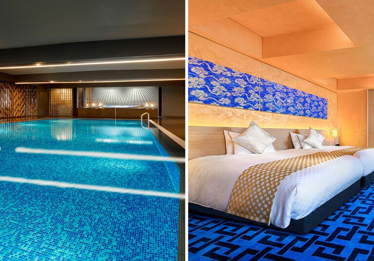 左：宿泊ゲストと会員だけが利用できる屋内プール。 
右：絢爛な雲母唐長コンセプトルーム「金雲」。